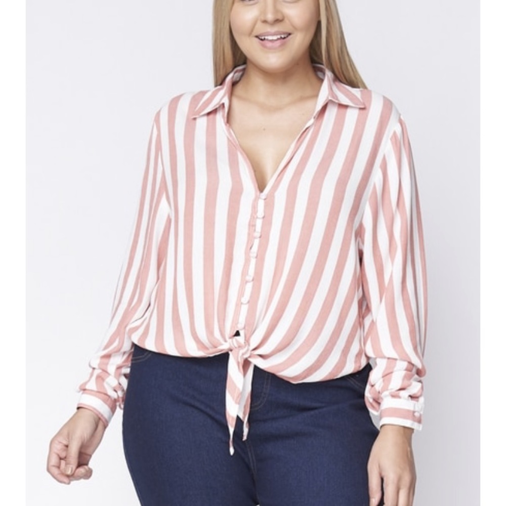 ❤️NEW PLUS Peach Striped Tie Front Top - Picture 8 of 8